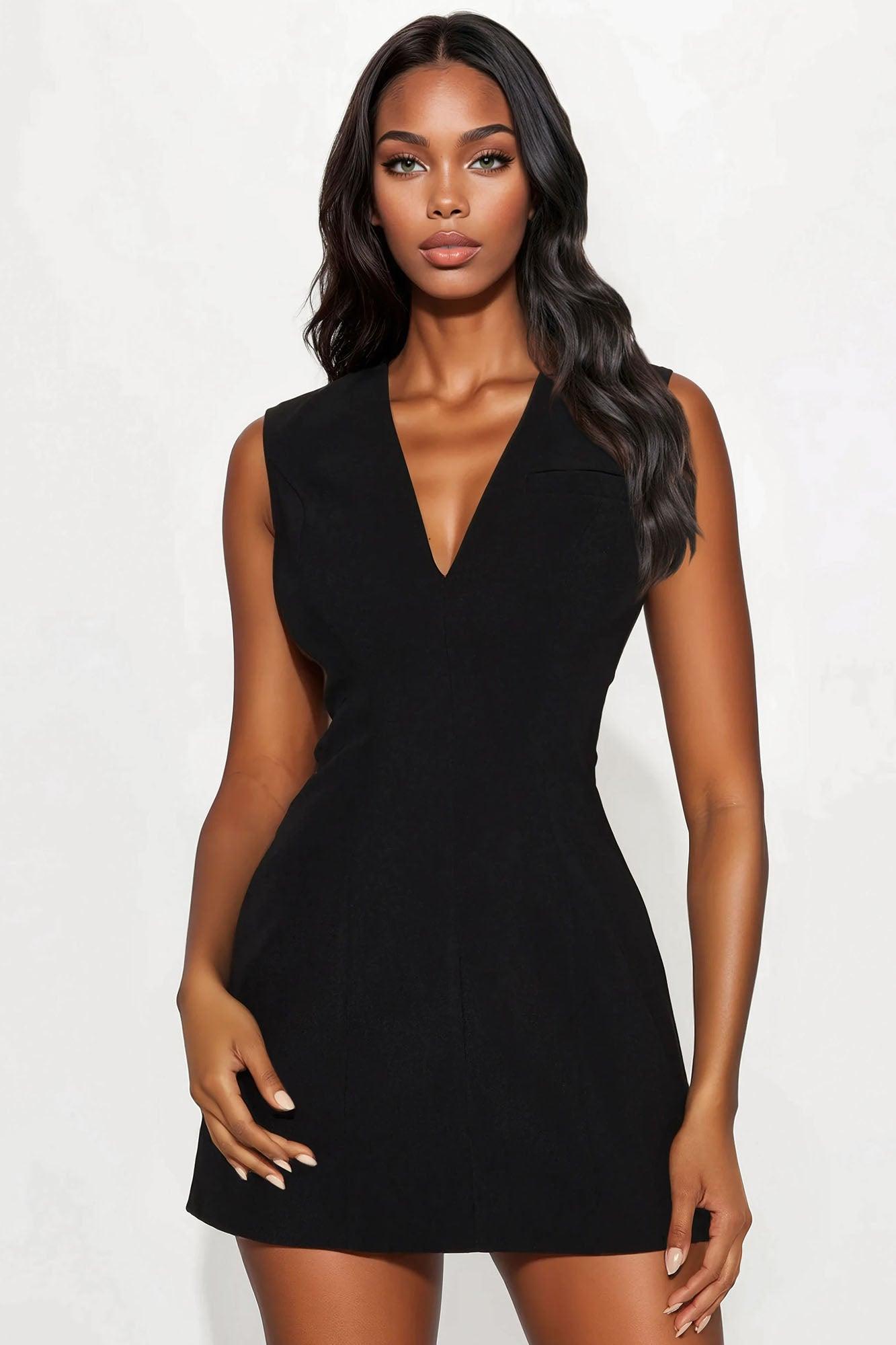 Lindsey V Neck Mini Dress - Black Product Image