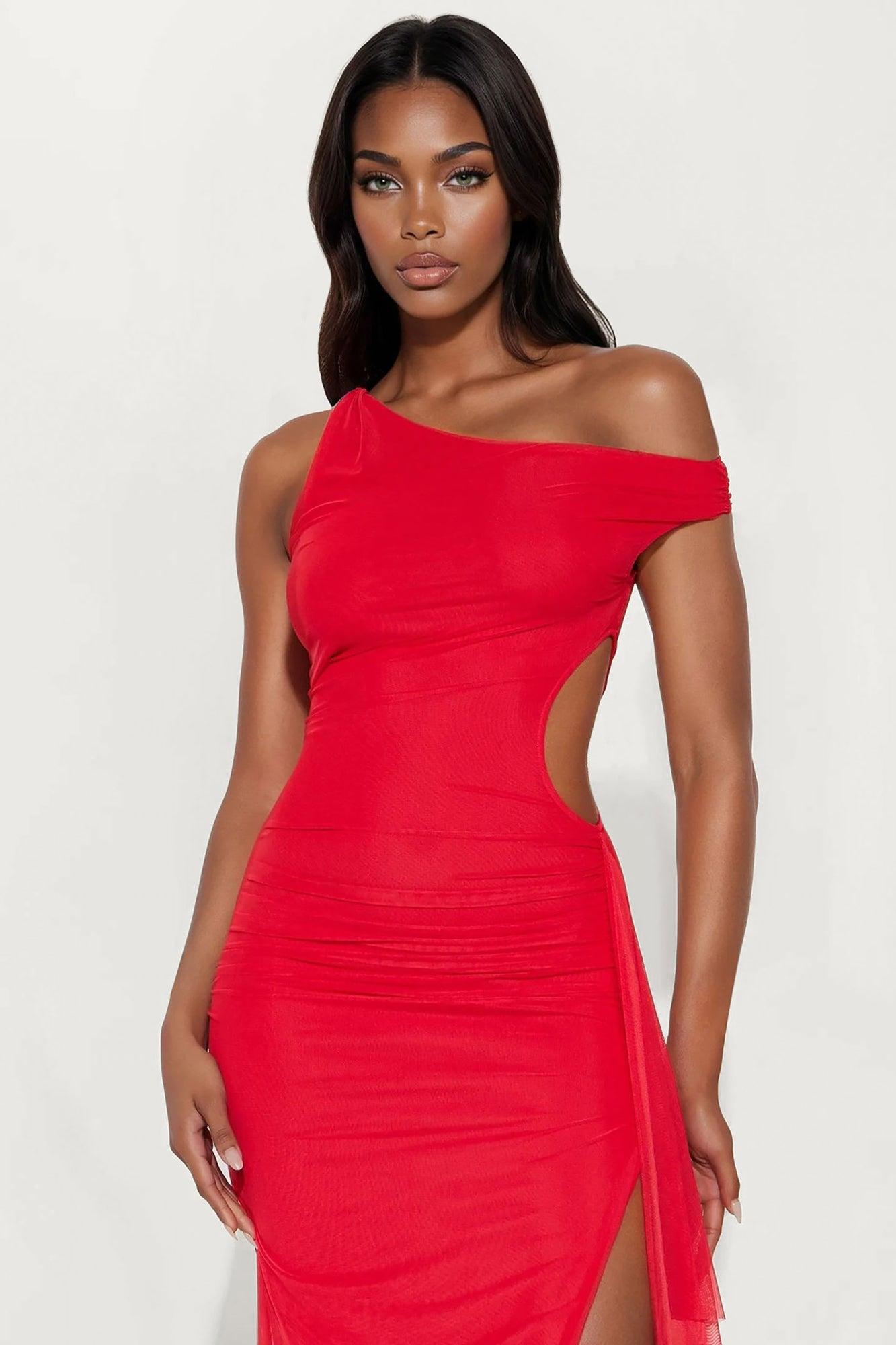 Maria Draped Mesh Maxi Dress - Red Female Product Image