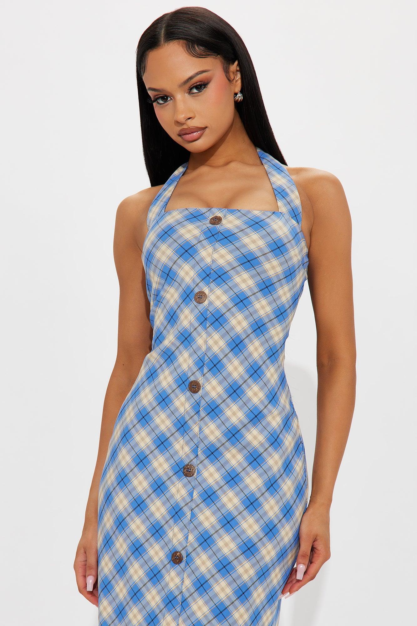 Henrietta Plaid Halter Midi Dress - Blue/combo Product Image
