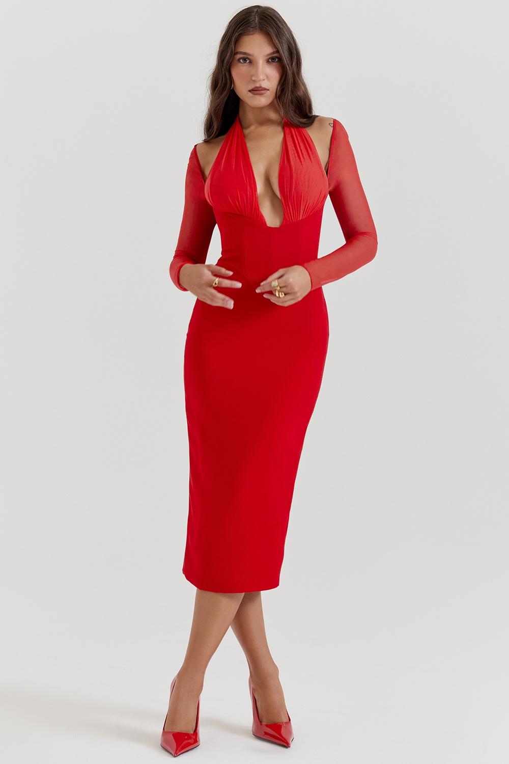 Yasmin  scarlet plunge midi dress Product Image
