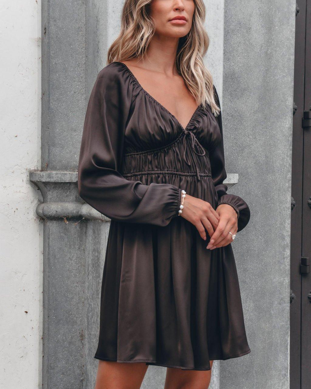 Autumn Soiree V Neck Mini Dress - Dark Brown Product Image