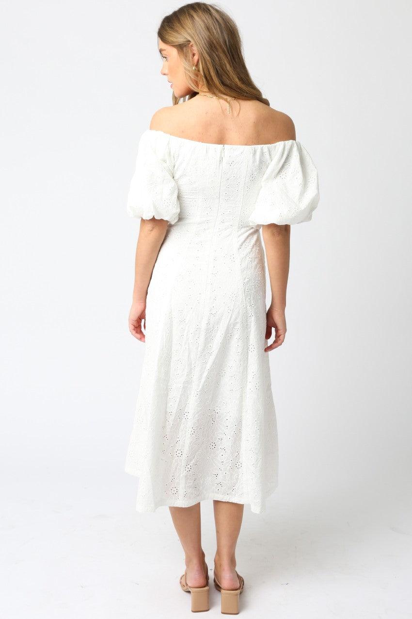 Gracie Eyelet Puff Sleeve Midi Dress | White Product Image