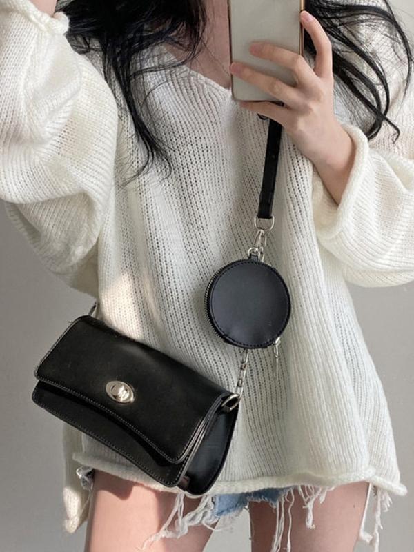 V Neck Rolled Hem Loose Sweater Product Image