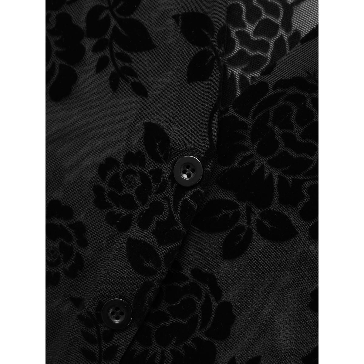 Plus Size Black Shirt Collar Floral Flocking Mesh Blouse Women Elegant Long Sleeve Shirt collar Everyday Blouses BloomChic 26/4X Product Image