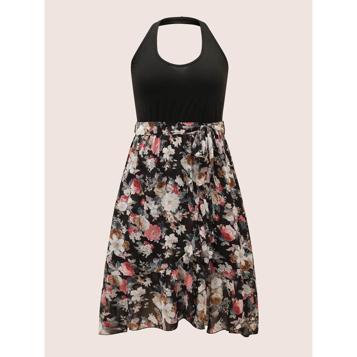 Plus Size Halter Neck Patchwork Floral Belted Dress Black Women Elegant Halter neck Sleeveless Curvy BloomChic 26/4X Product Image