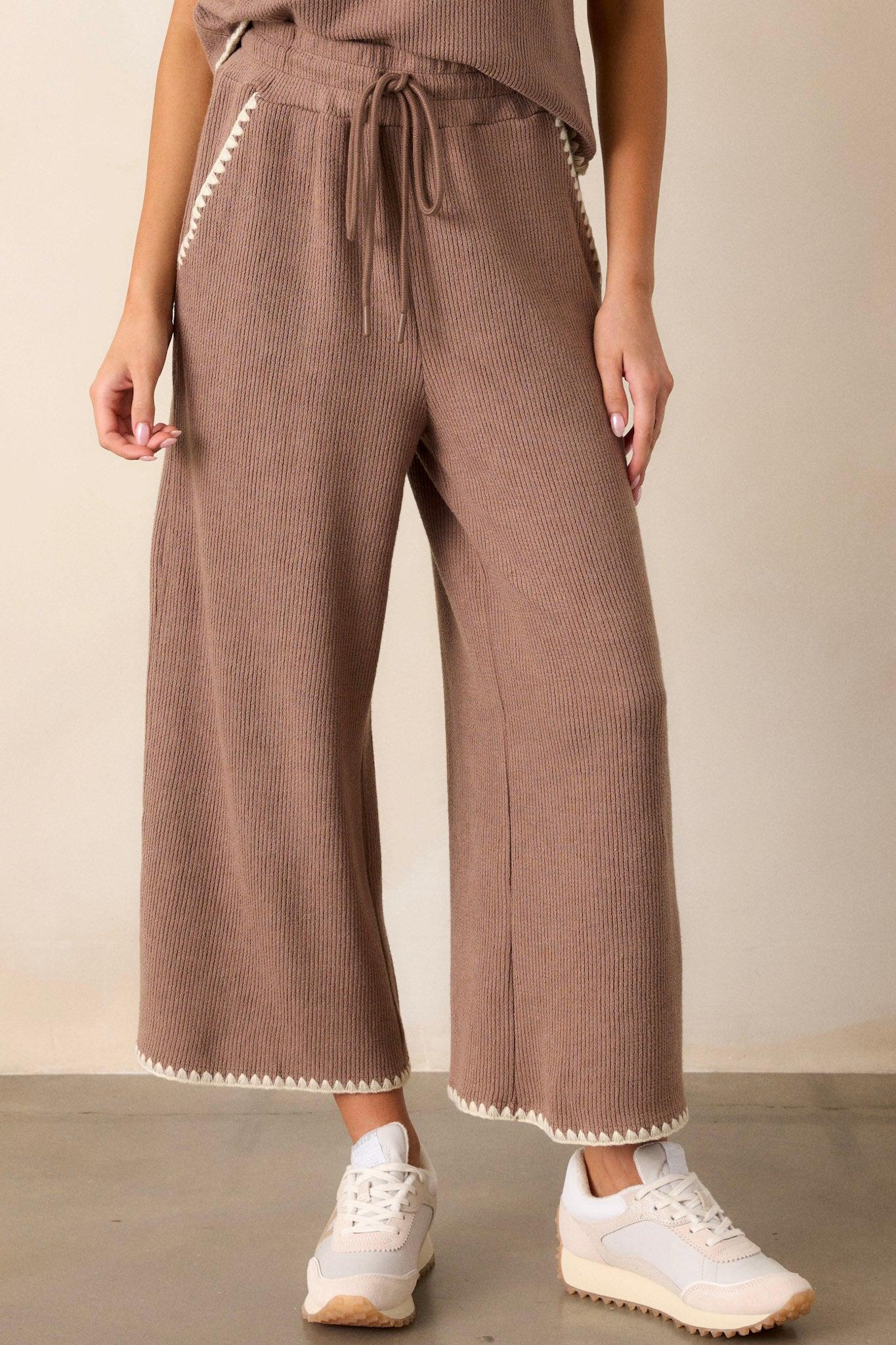 Anytime Now Mocha Blanket Stitch Wide Leg Pants Product Image