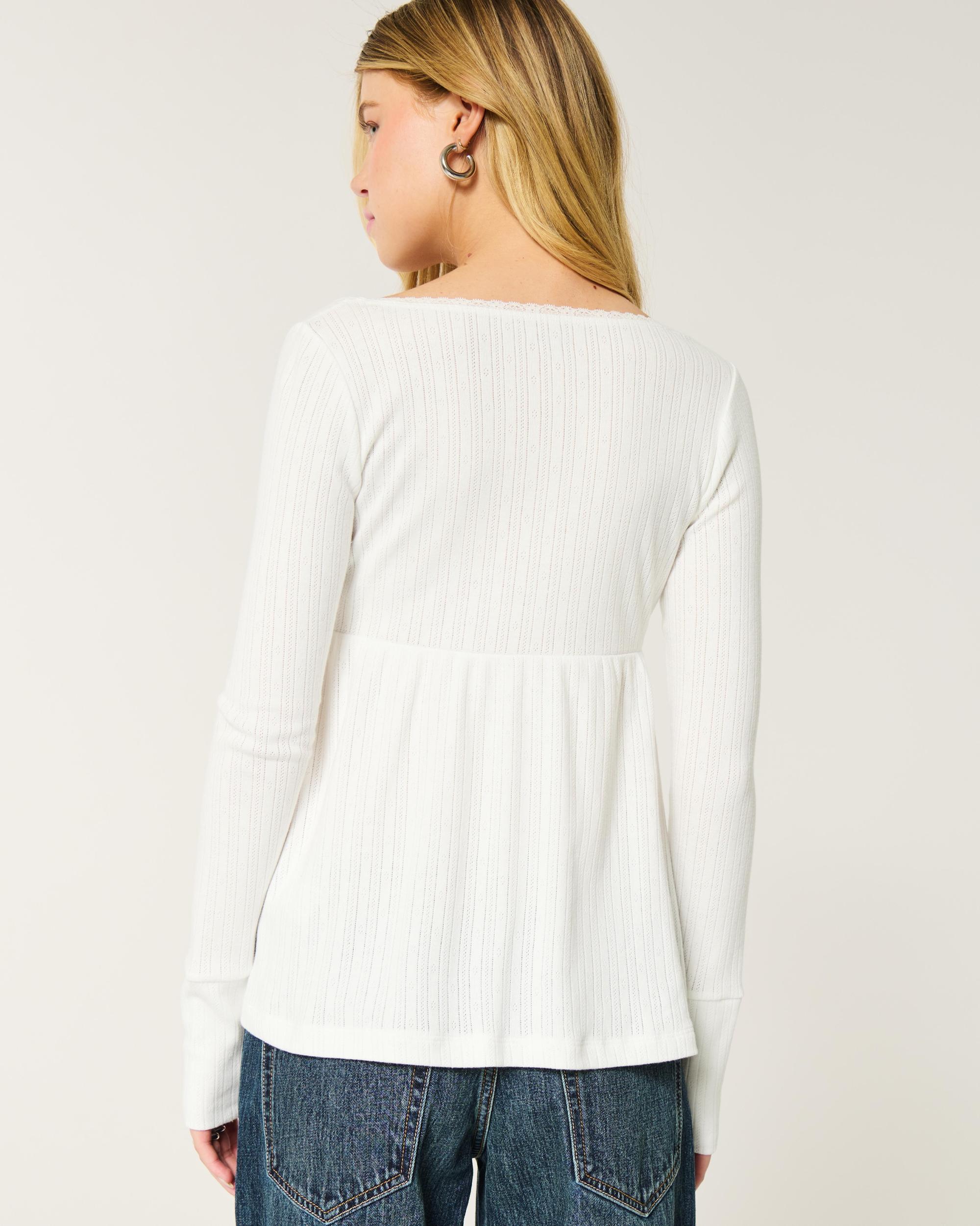 Easy Long-Sleeve Pointelle Babydoll Top Product Image