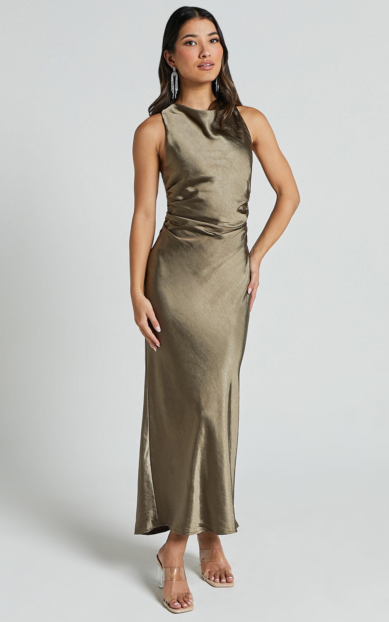 Aluna Midi Dress - High Neck Cross Back Satin Slip Dress in Olive Product Image