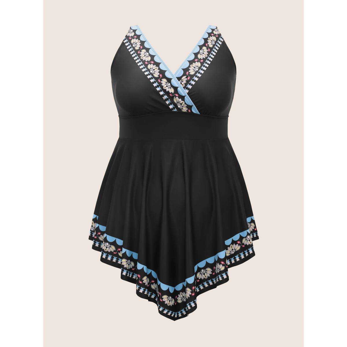 Plus Size Overlap Collar Boho Print Hanky Hem Swim Dress Women's Swimwear Black Beach Bodycon Overlap Collar High stretch Curve Swim Dresses BloomChic 26/4X Product Image