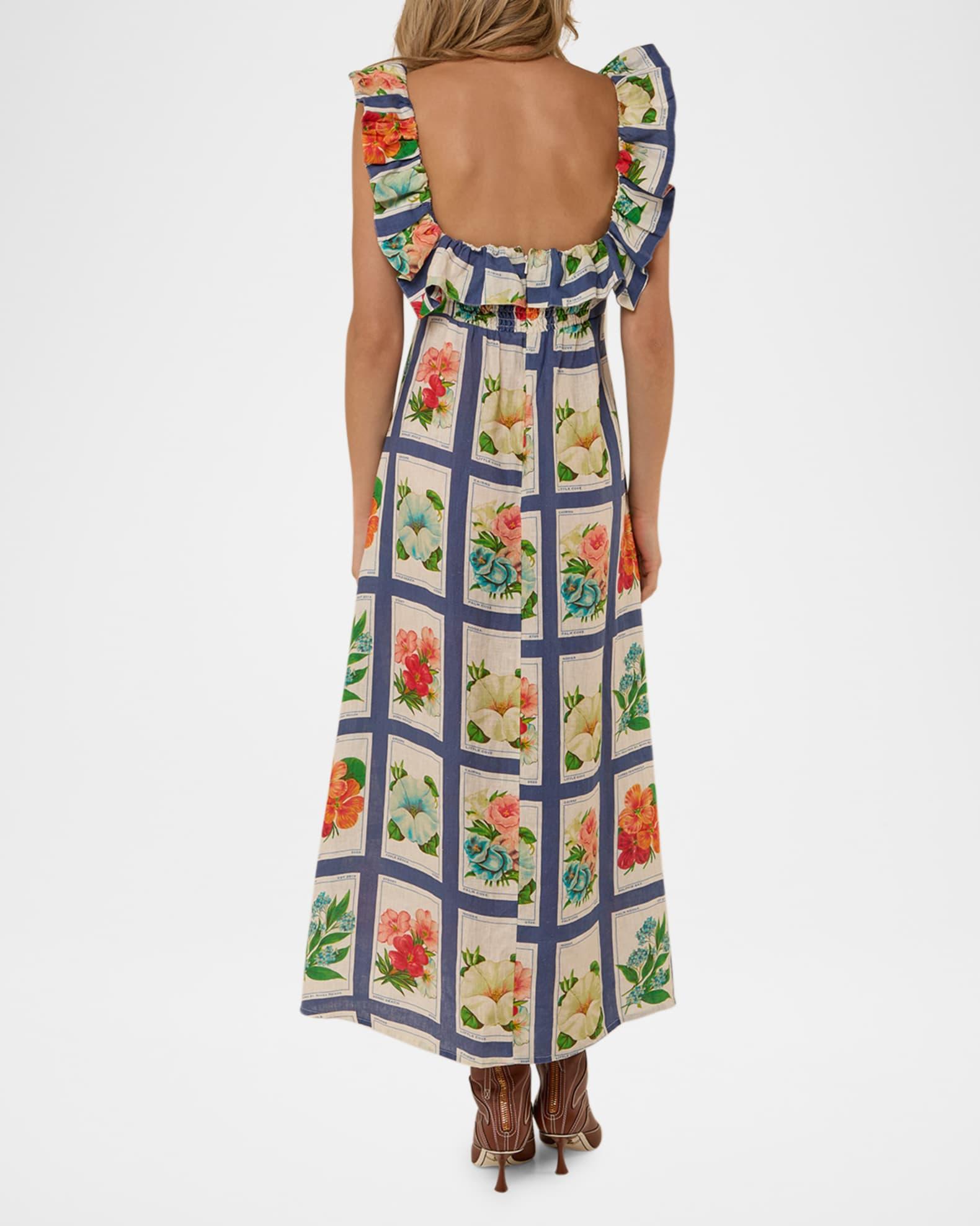 Ruffle-Trim Vintage Botanical Linen Maxi Dress Product Image