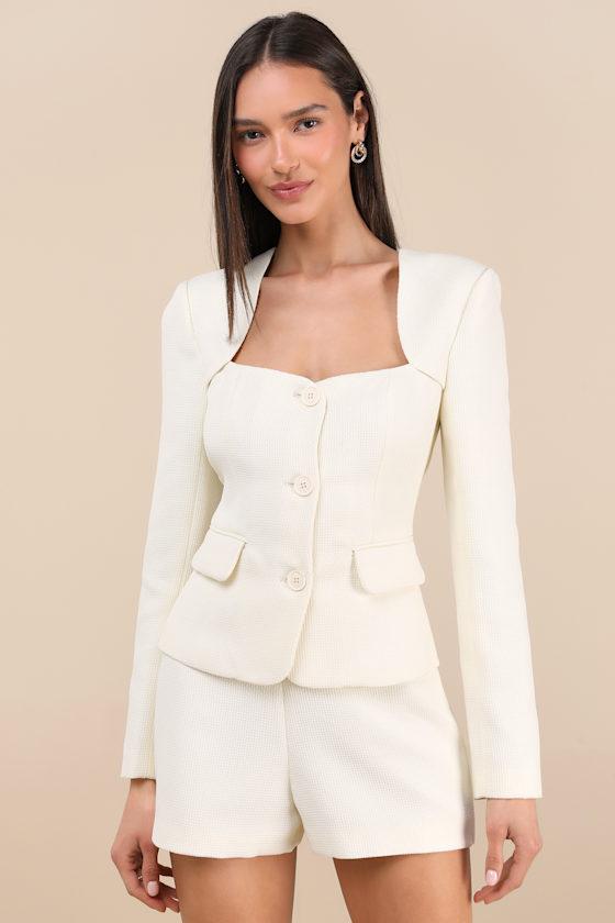 Hulda Ivory Textured Button-Front Long Sleeve Blazer Product Image