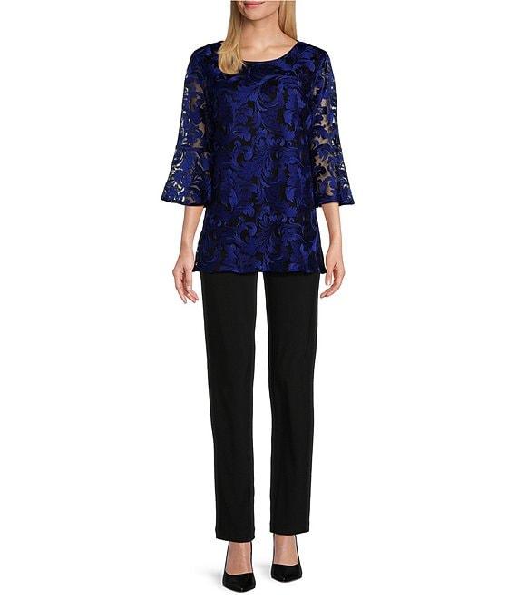 Caroline Rose Bella Soiree Embroidered Mesh Lace Scoop Neck 3/4 Bell Sleeve Tunic Product Image