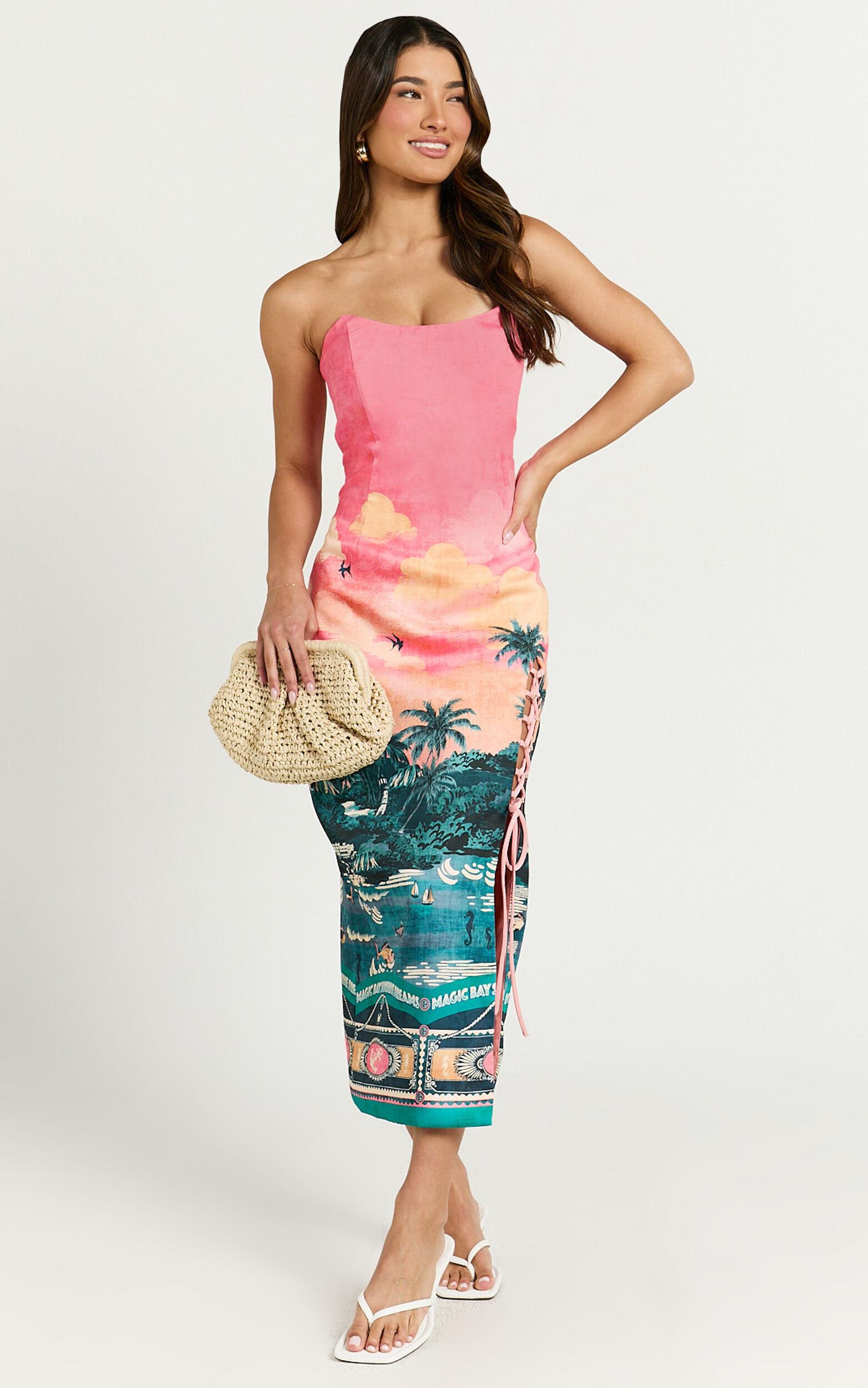 Amalie The Label - Leesha Strapless Fitted Split Leg Midi Dress in Island Sunset Print Product Image