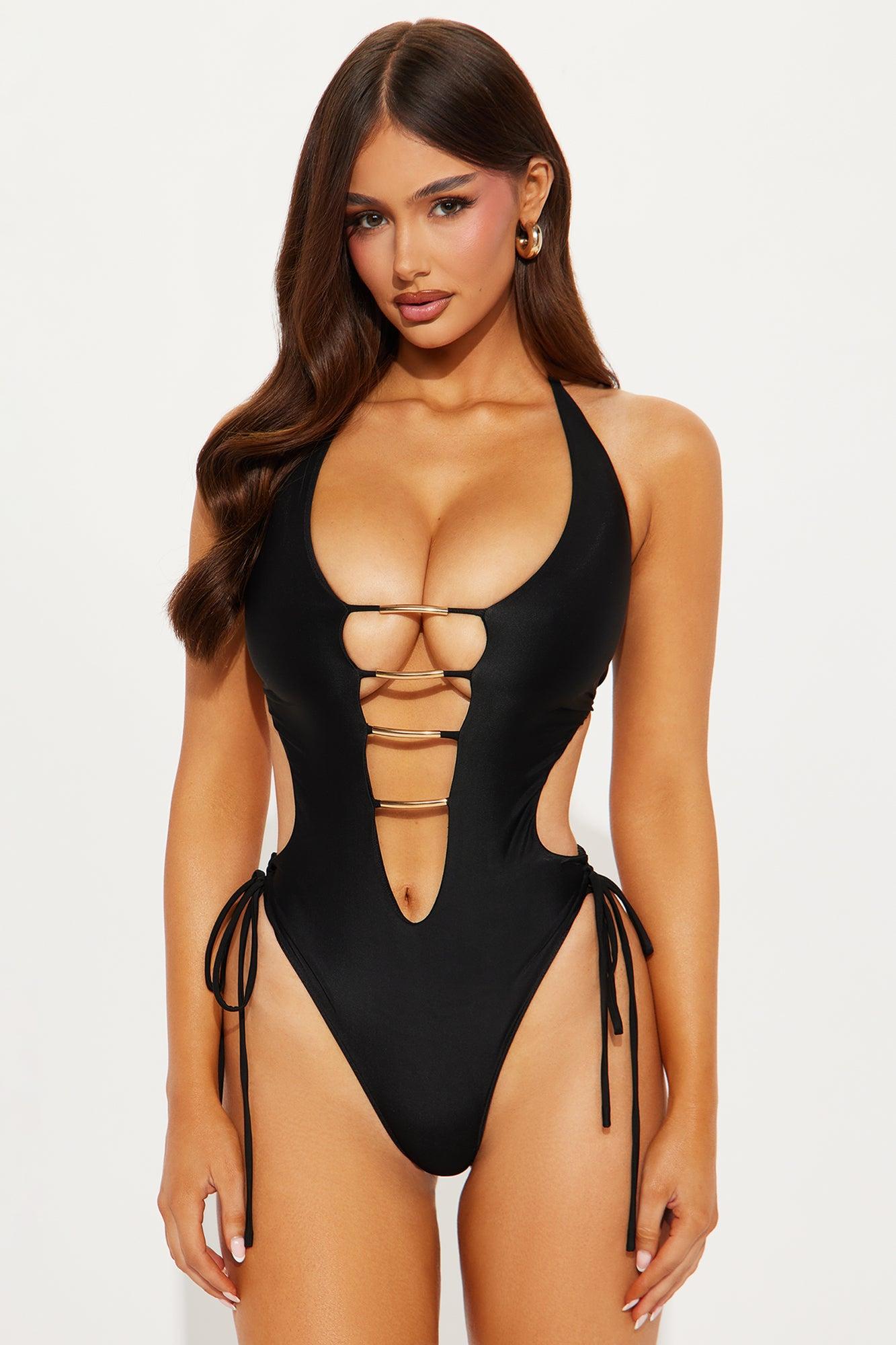 Sunday Fun Day Strappy Plunging 1 Piece Swimsuit - Black Product Image