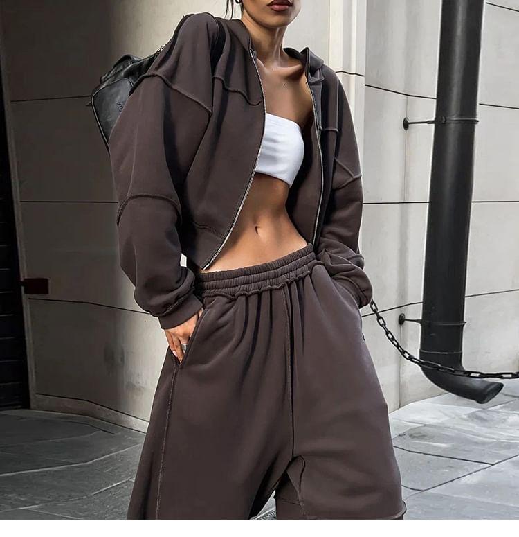 Set: Plain Zip-Up Hoodie + Wide Leg Sweatpants Product Image