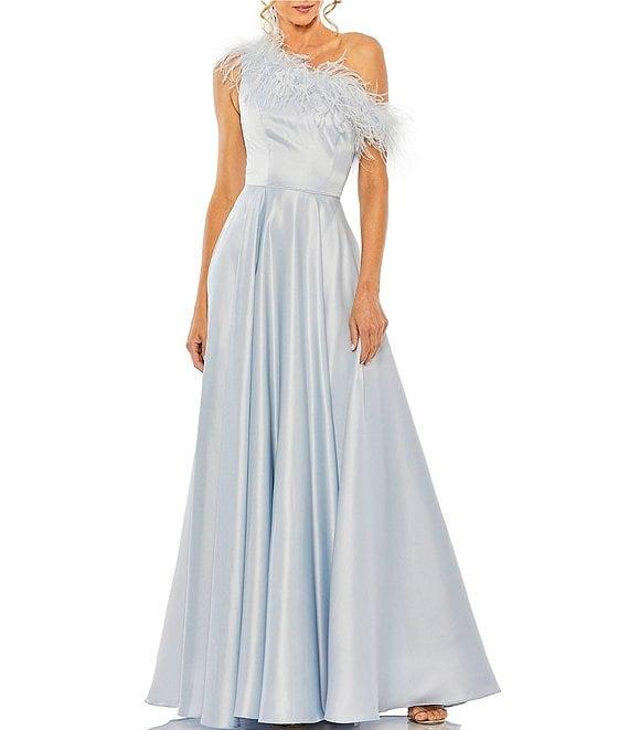 Mac Duggal Satin One Shoulder Sleeveless Feather Trim Gown Product Image
