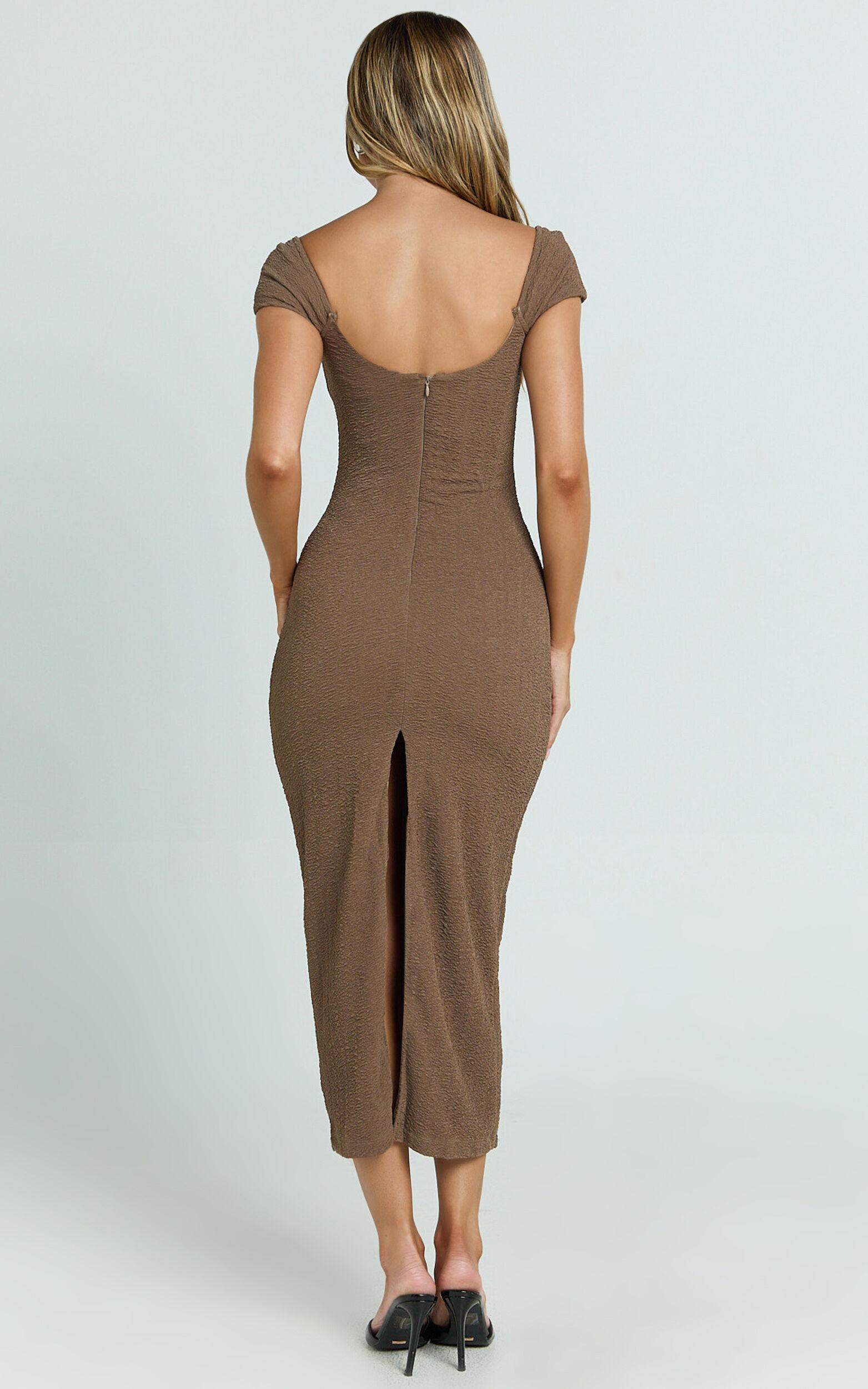 Elia Midi Dress - Cap Sleeve Sweetheart Underwire Fitted Dress in Brown Product Image