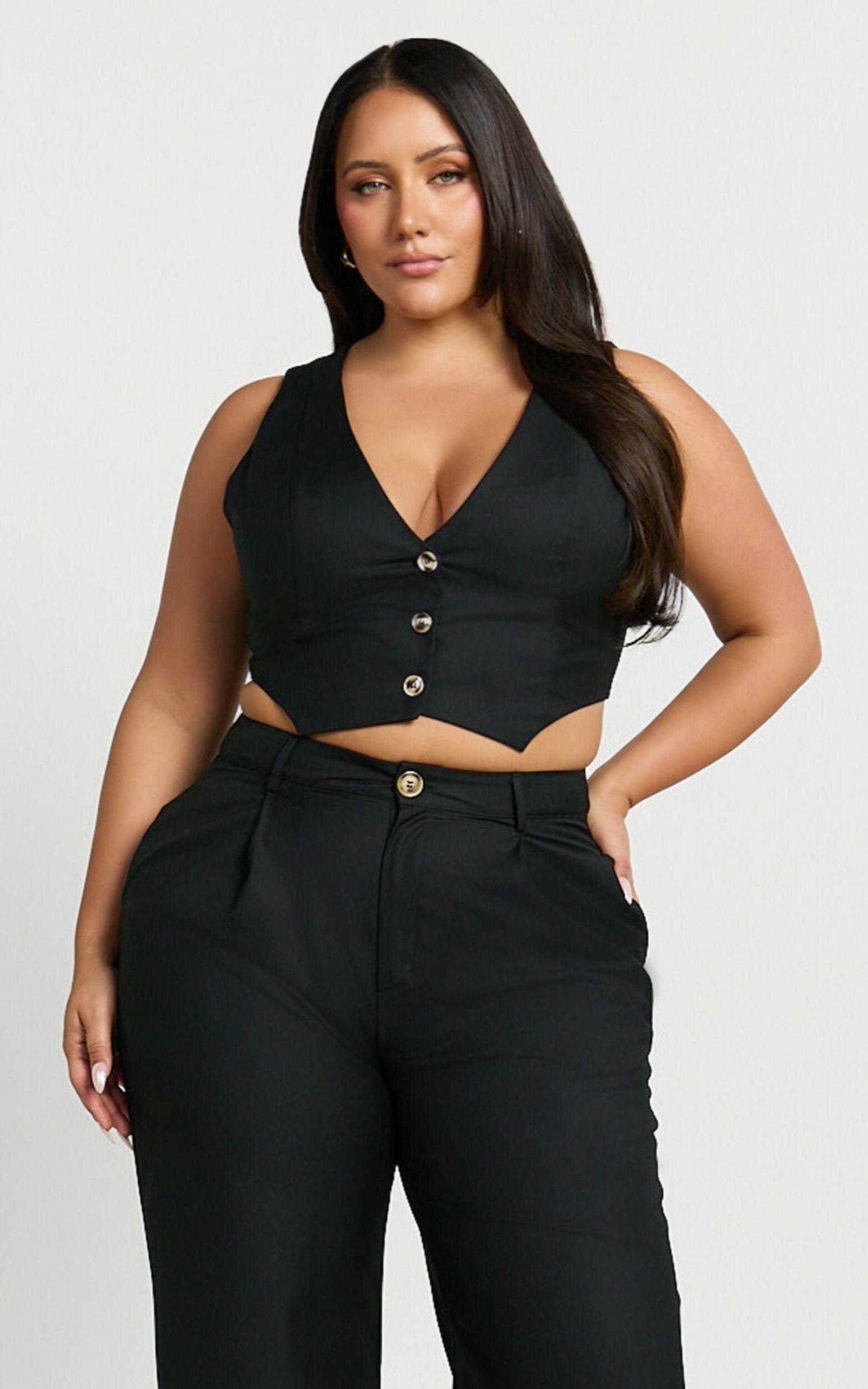 Izara Vest - V Neck Button Up Cropped Vest in Black Product Image