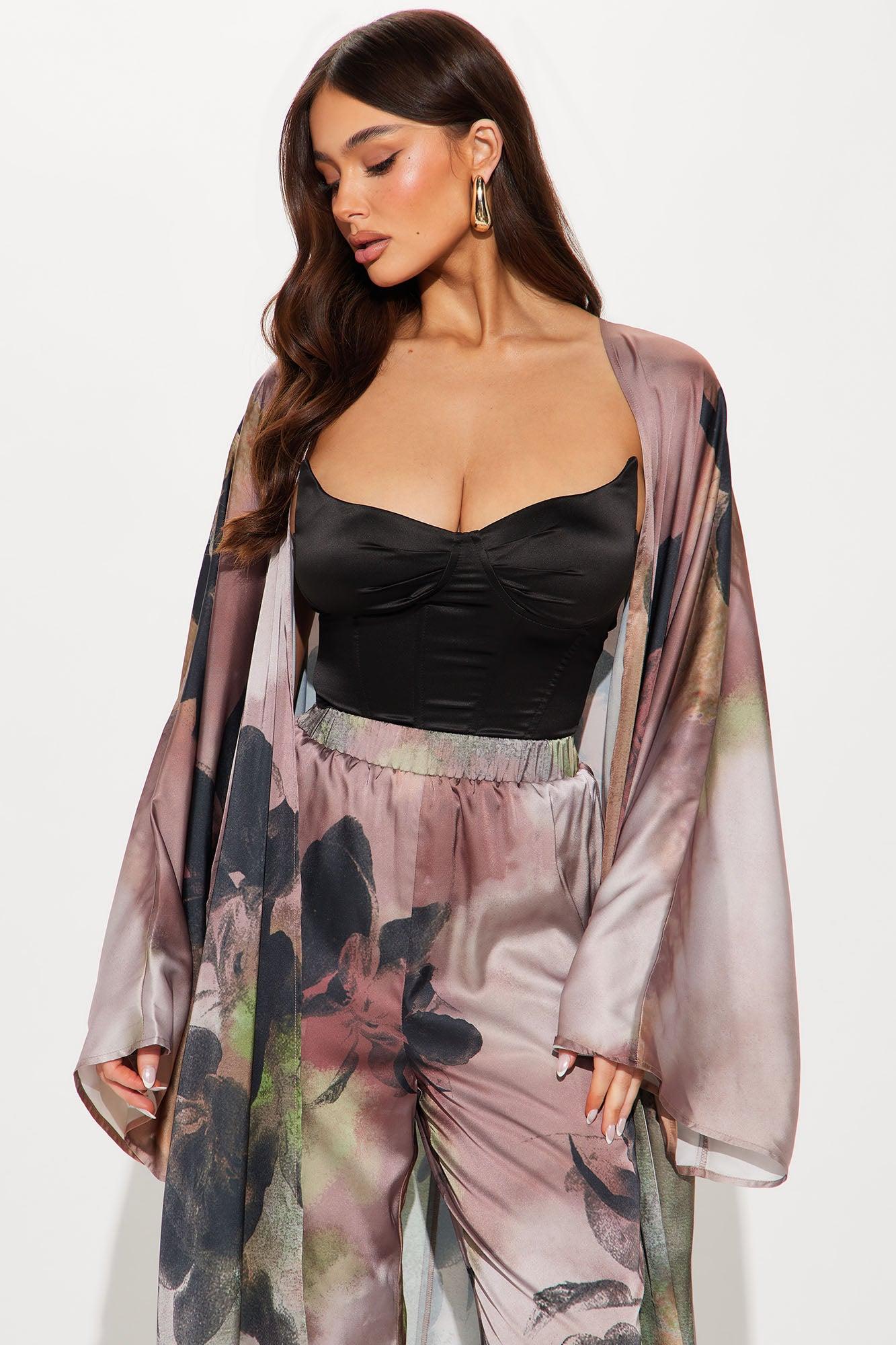 Dark Seduction Satin Kimono Pant Set - Brown/combo Product Image