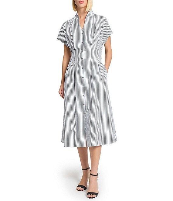 Ming Wang x Tanya Foster Cotton Pinstripe Stand Collar Short Sleeve Fit-And-Flare Dress Product Image