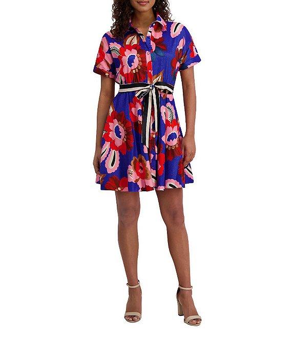 Kensie Floral Print Textured Stretch Taffeta Shirt Dress Product Image
