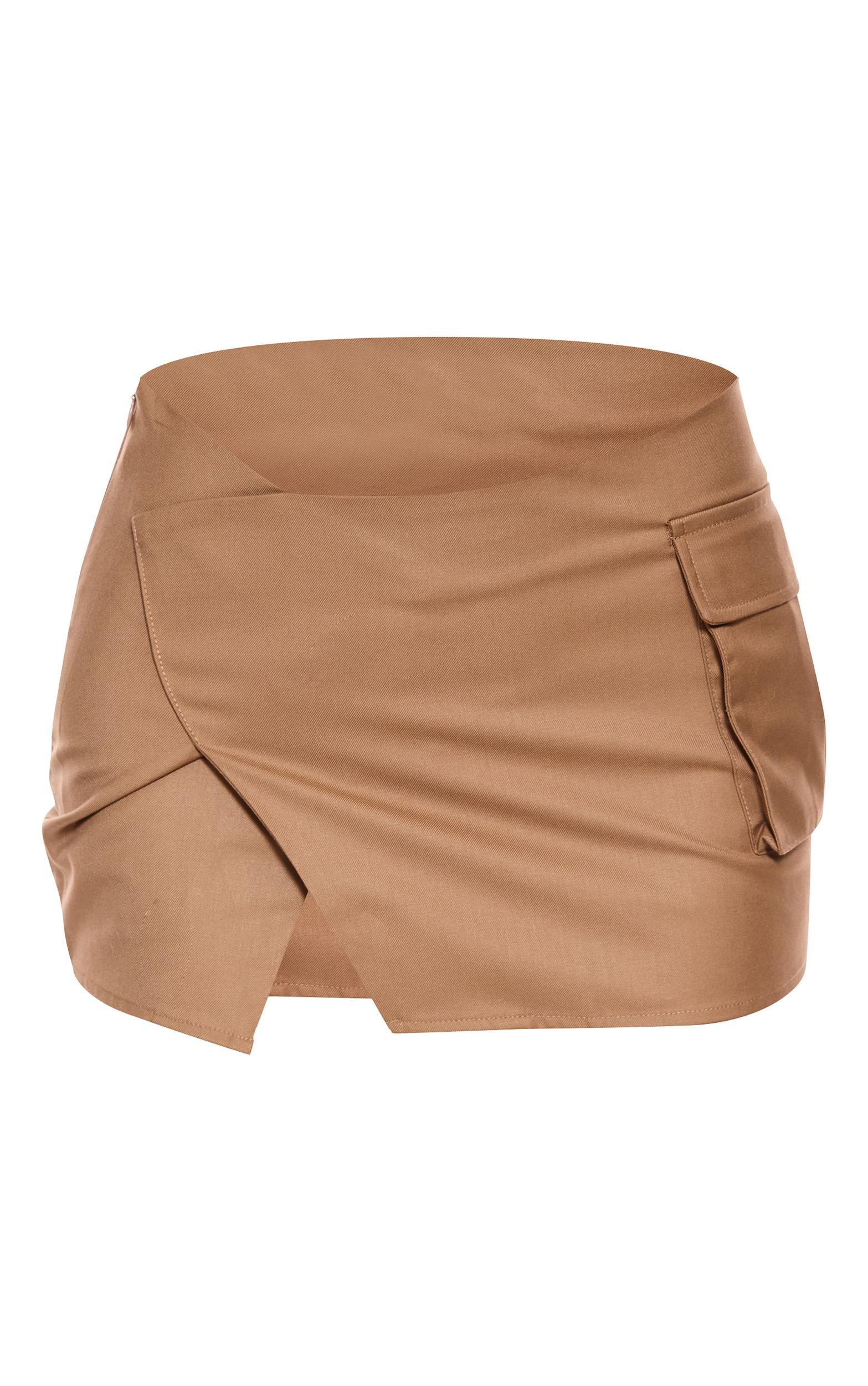 Taupe Woven Tailored Wrap Over Pocket Front Mini Skirt Product Image