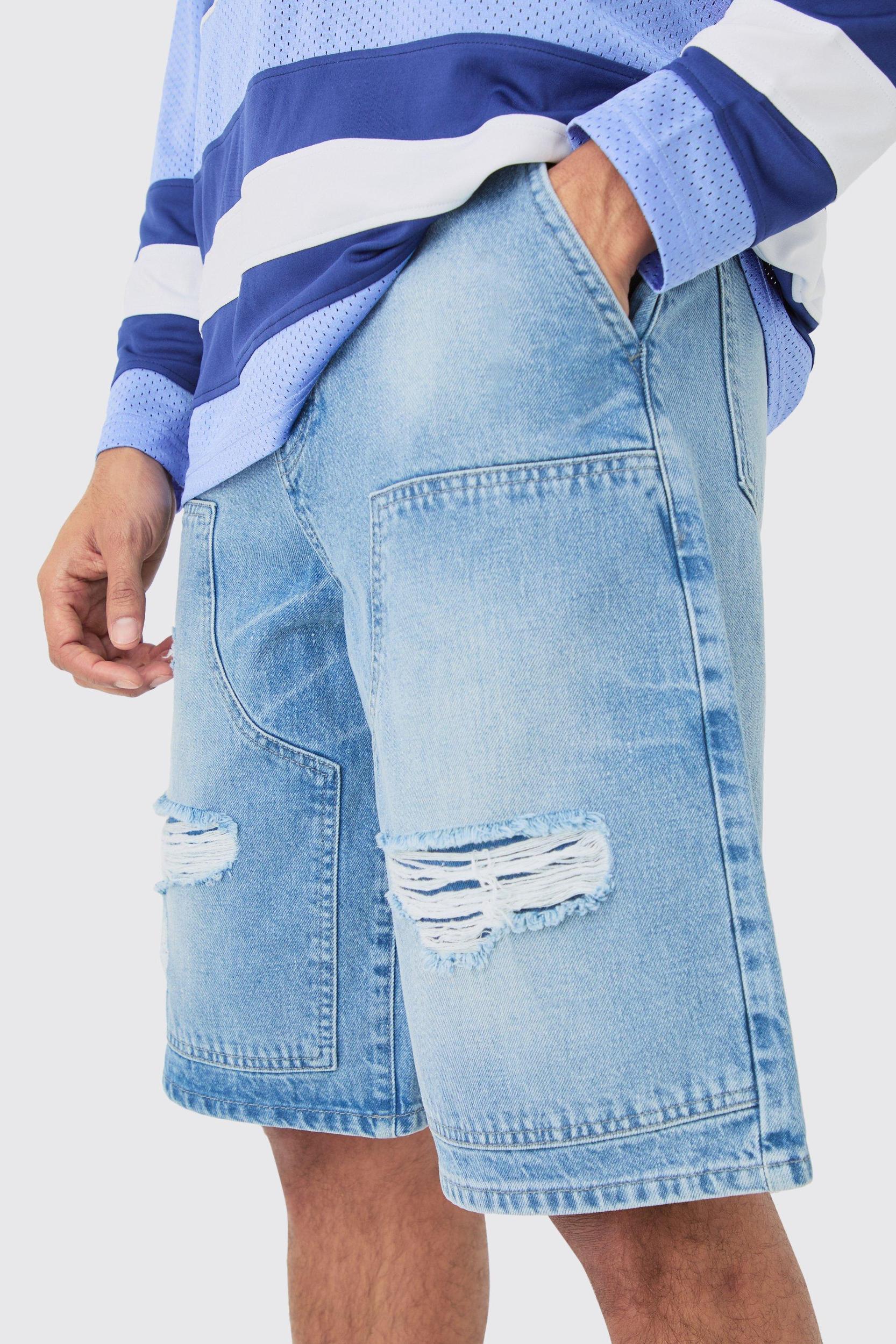 Relaxed Rigid Ripped Carpenter Denim Jorts In Light Blue | boohooMAN USA Product Image