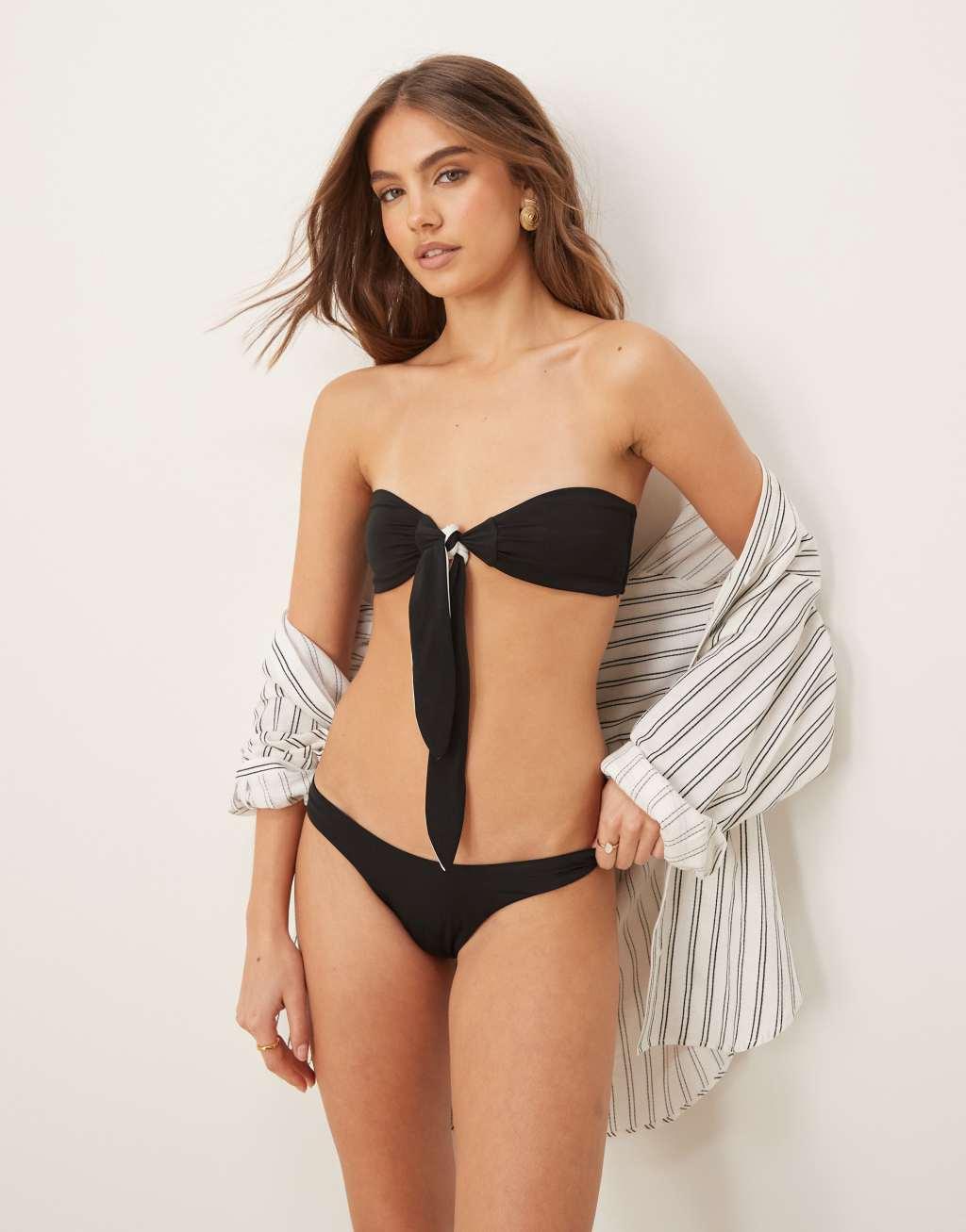 Free Society contrast tie front bandeau bikini top in black and white Product Image