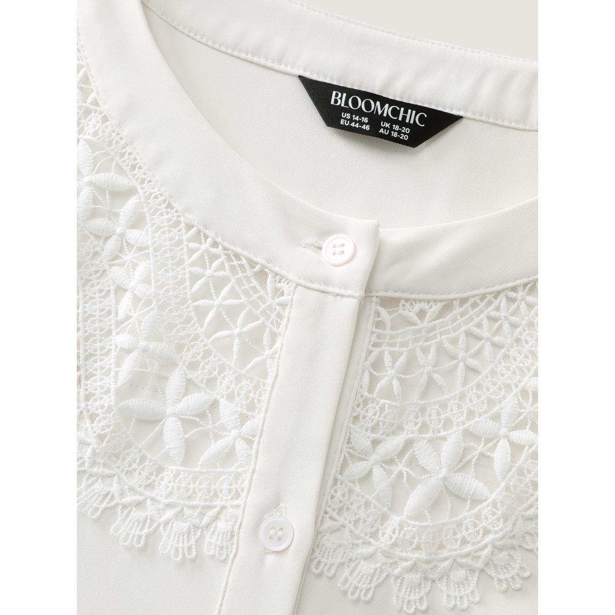 Plus Size Ivory Sheer Neckline Ruffled Cuff Sleeve Blouse Women Office Extra Long Sleeve Round Neck Office Blouses BloomChic 14-16/1X Product Image