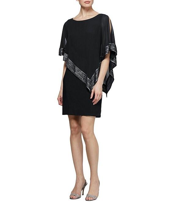 Ignite Evenings Boat Neck 3/4 Sleeve Cold Shoulder Foil Trim Asymmetrical Overlay Dress Product Image