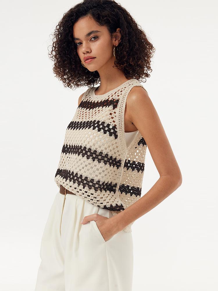 Brown Stripe Women Open-Knit Tank Top Product Image