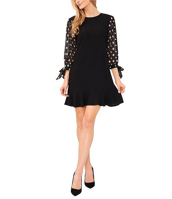 CeCe Crew Neck 3/4 Puffed Floral Sleeve Dress Product Image