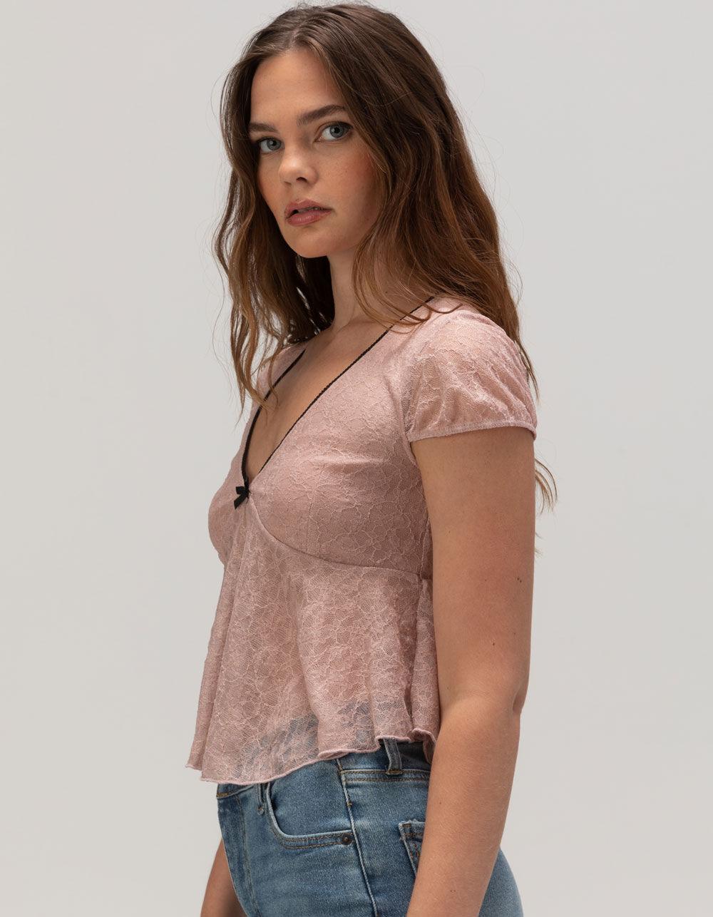 FULL TILT Lace V-Neck Womens Top - BLUSH Product Image