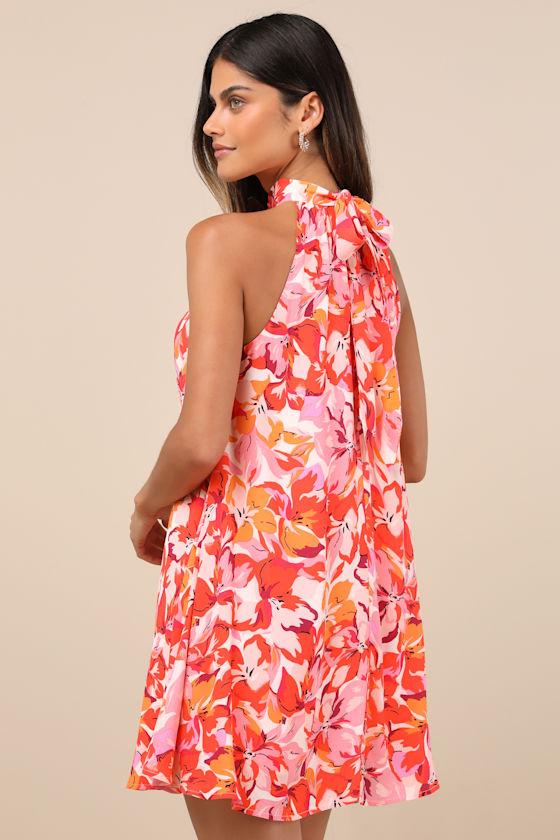 Tied Back To You Red and Pink Floral Print Mini Shift Dress Product Image