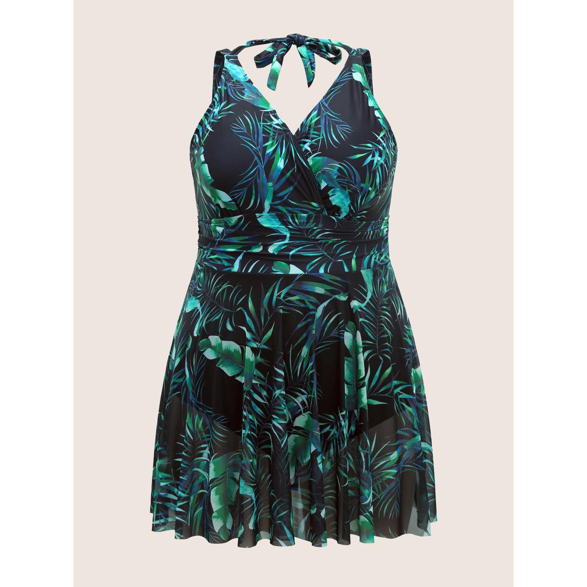 Plus Size Overlap Collar Tropical Print Mesh Tie Knot Swim Dress Women's Swimwear Black Beach Bodycon Overlap Collar High stretch Curve Swim Dresses BloomChic 10/M Product Image