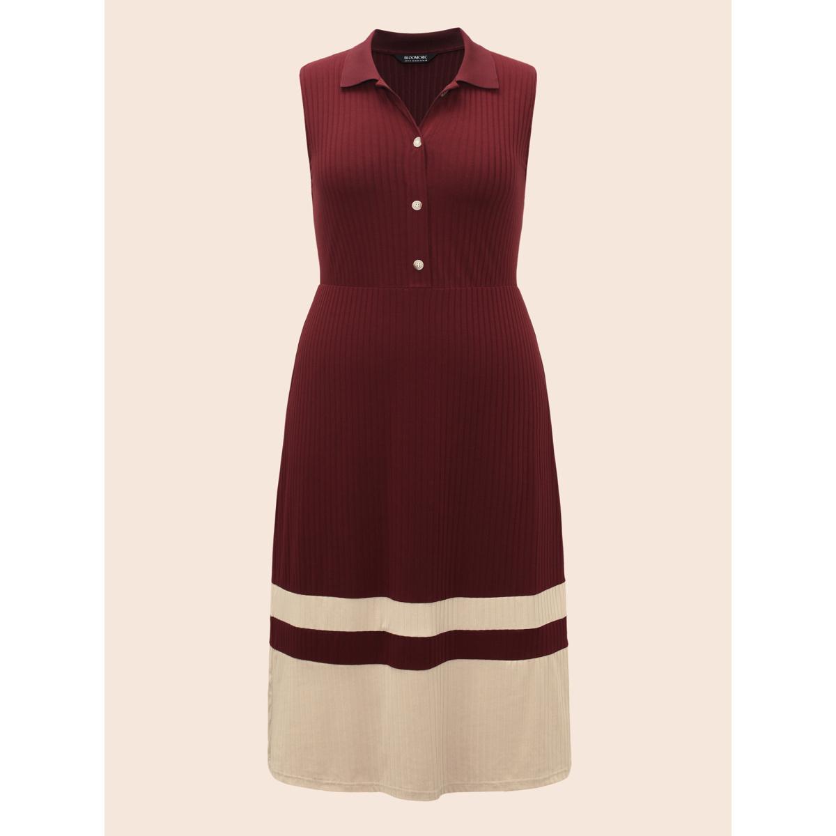 Plus Size Contrast Patchwork Button Up Dress Deepred Women Casual Texture Shirt collar Sleeveless Curvy BloomChic 28/5X Product Image