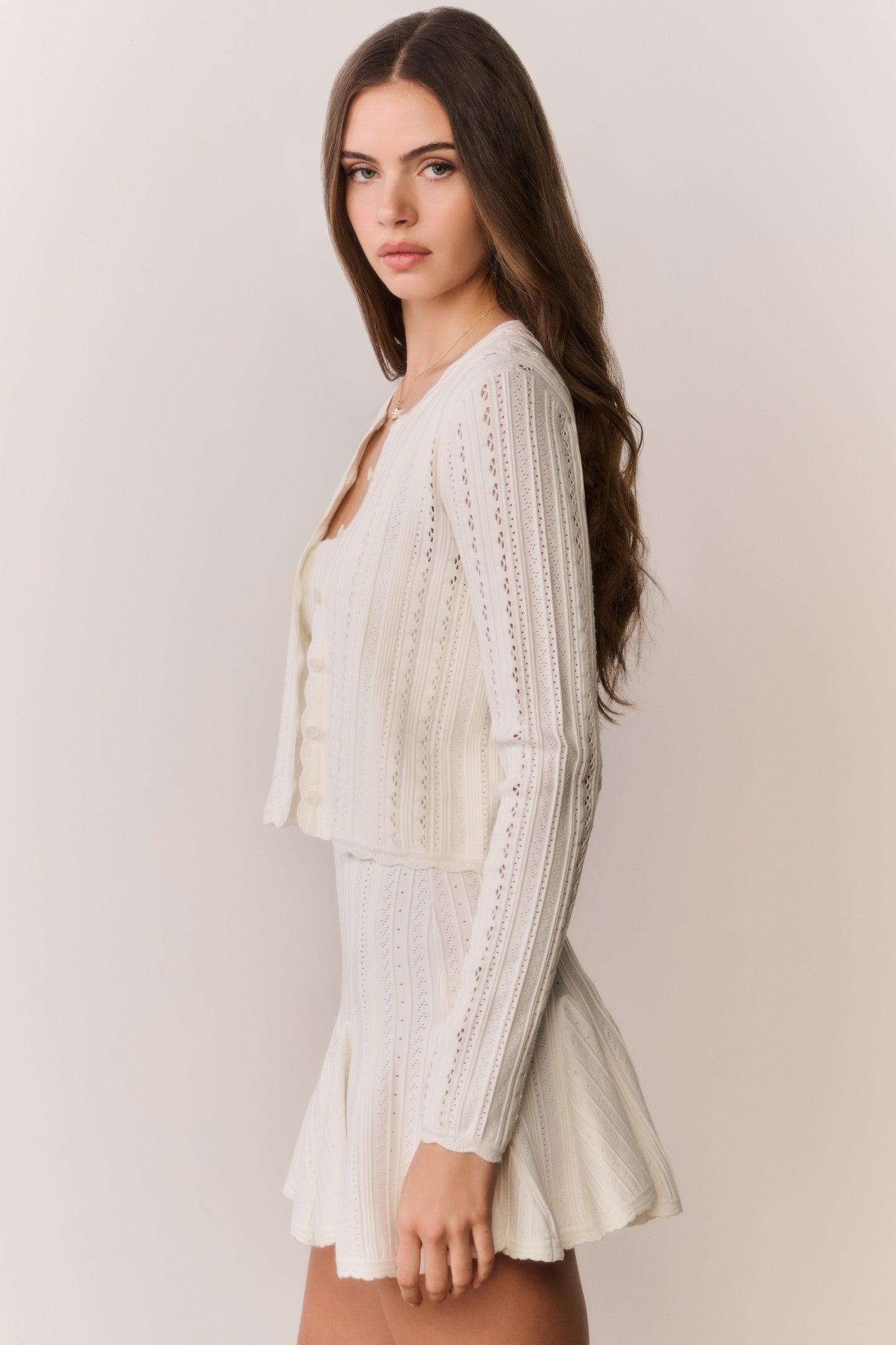 Peridot Stretch Pointelle Cardigan - WHITE TEA Product Image