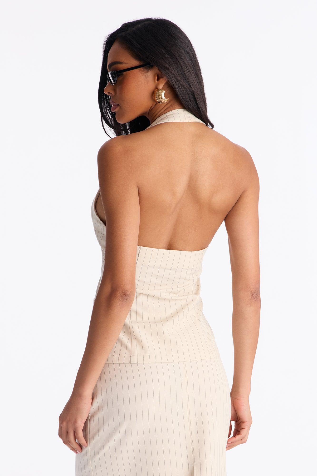 Dangerously Cute Pinstripe Halter Top - Cream/combo Female Product Image
