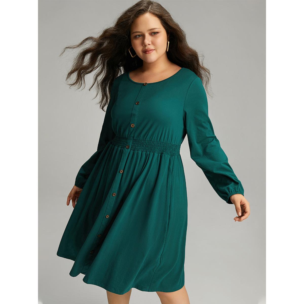 Plus Size Cotton Shirred Button Detail Dress Cyan Women Casual Elastic cuffs Round Neck Long Sleeve Curvy Midi Dress BloomChic 14-16/1X Product Image