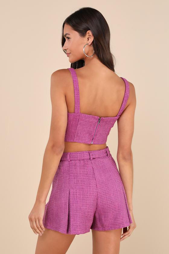 Bold Cutie Purple Tweed Buckle Strap Crop Tank Top Product Image