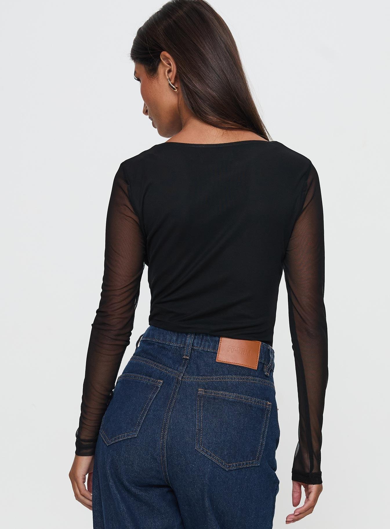 Delanee Mesh Detail Long Sleeve Bodysuit Black Product Image