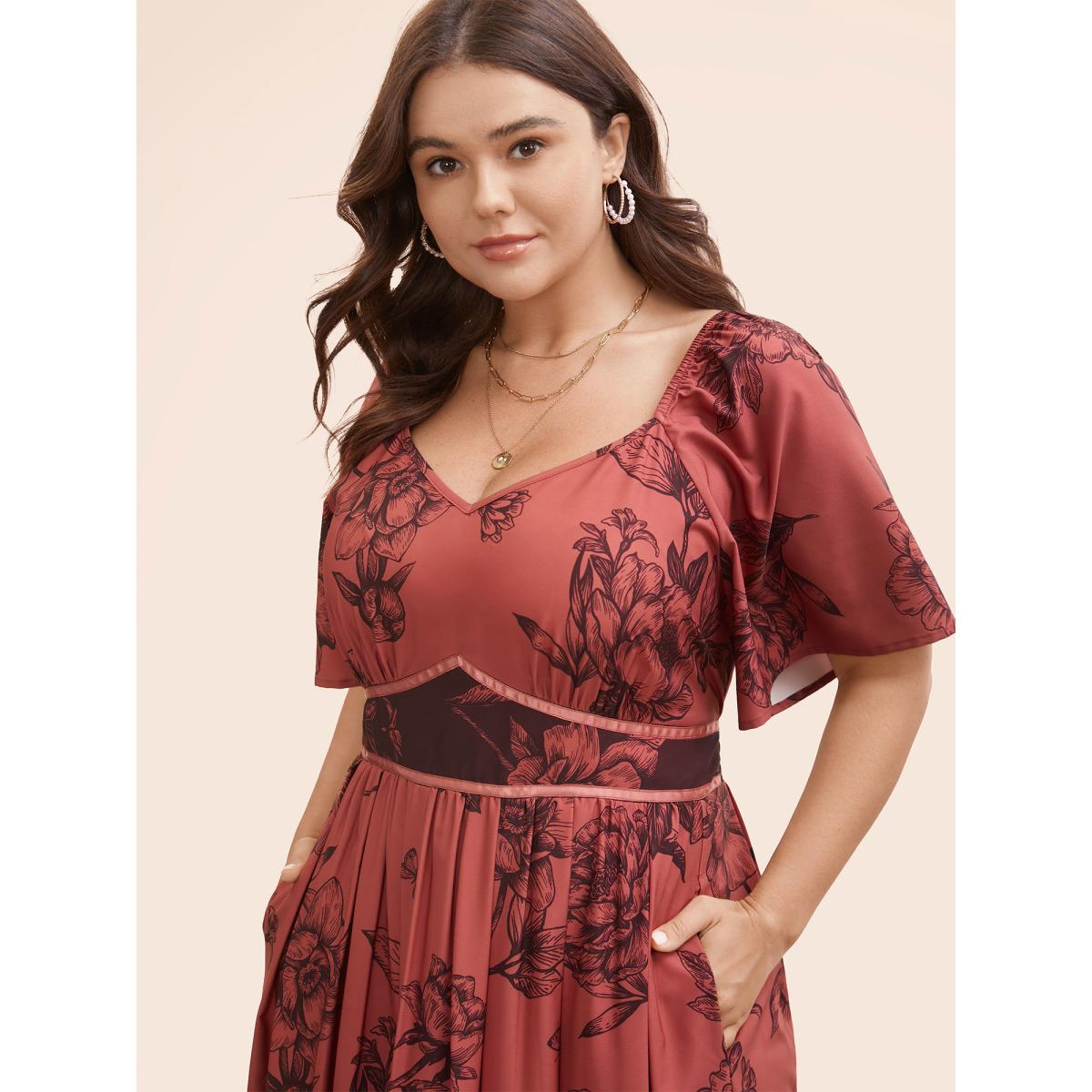 Plus Size Boho Print Heart Neckline Ruffle Sleeve Maxi Dress Burgundy Women Elegant Woven ribbon&lace trim Square Neck Short sleeve Curvy BloomChic 28/5X Product Image