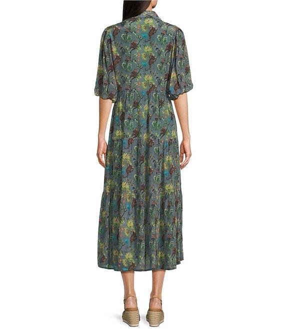 APNY Woven Floral Print Spread Collar 3/4 Sleeve Tiered A-Line Midi Dress Product Image