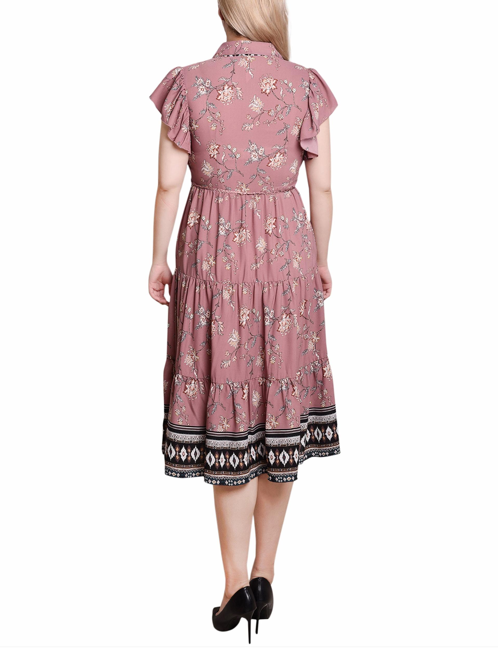 Mauve Floral Short Sleeve Tiered Border Print Dress Product Image