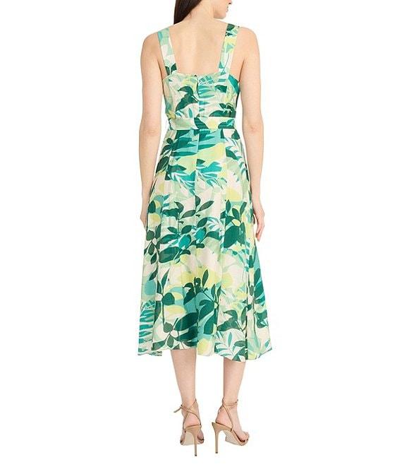 Maggy London V-Neck Sleeveless Belted Printed Floral Faux Linen A-Line Midi Dress Product Image