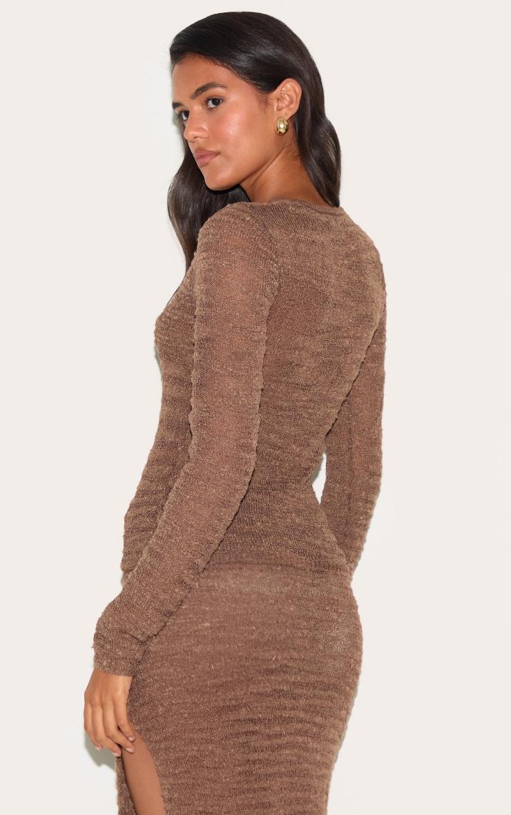 Chocolate Sheer Bobble Crochet Long Sleeve Beaded Keyhole Cut Out Top Product Image