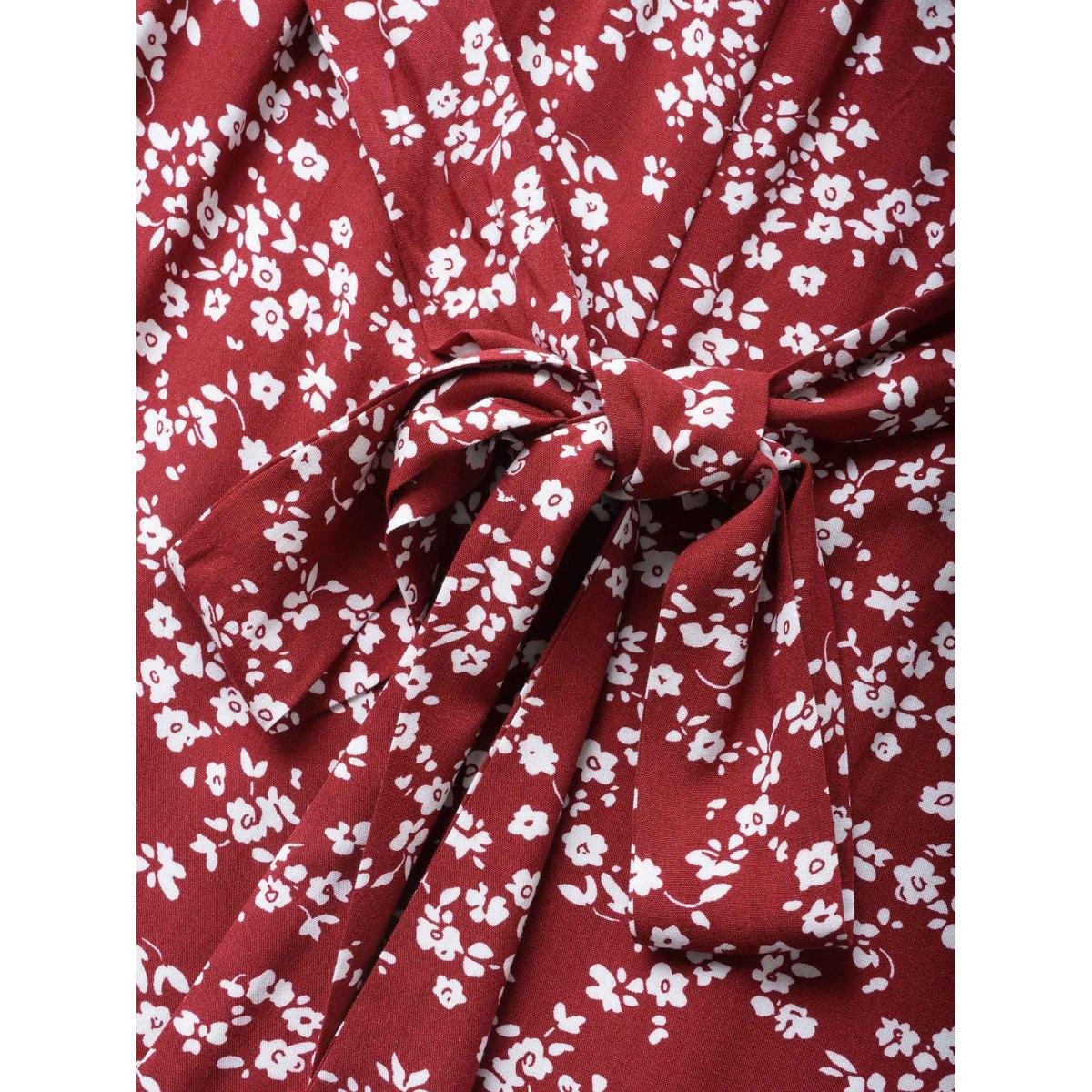 Plus Size RedViolet Ditsy Floral Wrap Belted Gathered Jumpsuit Women Elegant Short sleeve Overlap Collar Everyday Loose Jumpsuits BloomChic 18-20/2X Product Image