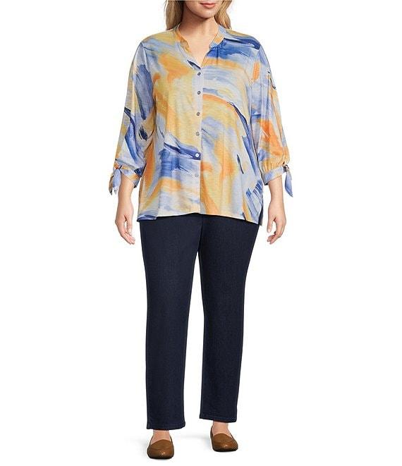 Allison Daley Plus Size 3/4 Tie Sleeve Y-Neck Button Front Knit Top Product Image