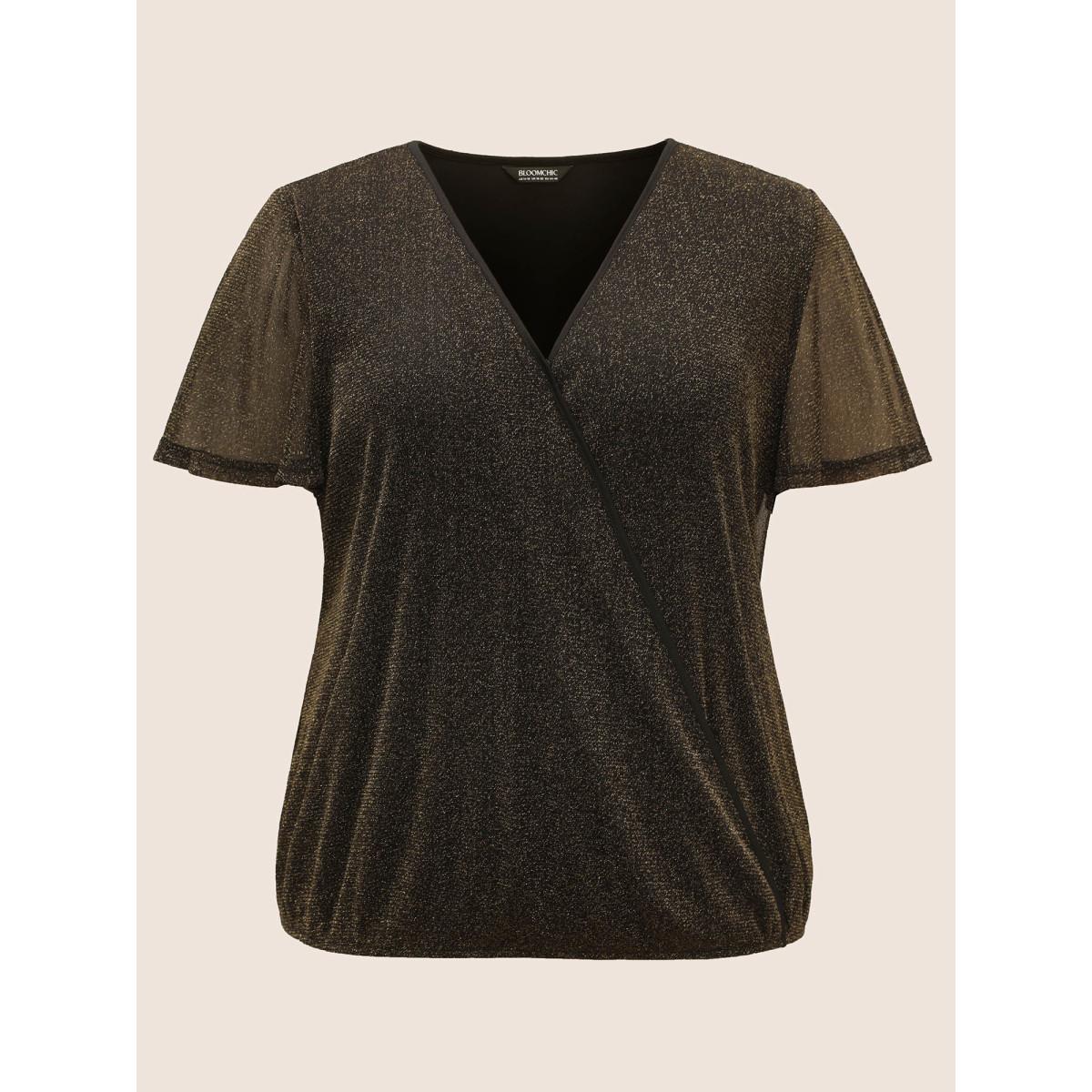 Plus Size Black Overlap Collar Metallic Luster Knitted Mesh Blouse Women Cocktail Short sleeve Overlap Collar Party Blouses BloomChic 14-16/1X Product Image