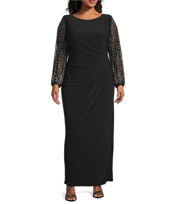 Marina Plus Size Boat Neck Long Beaded Sleeve Elastic Cuff Back Slit Matte Jersey Gown Product Image